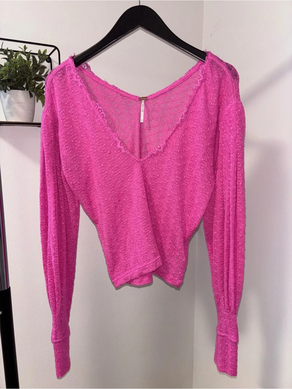 Free People Sheer Knit Long Sleeve Top in Hot Pink